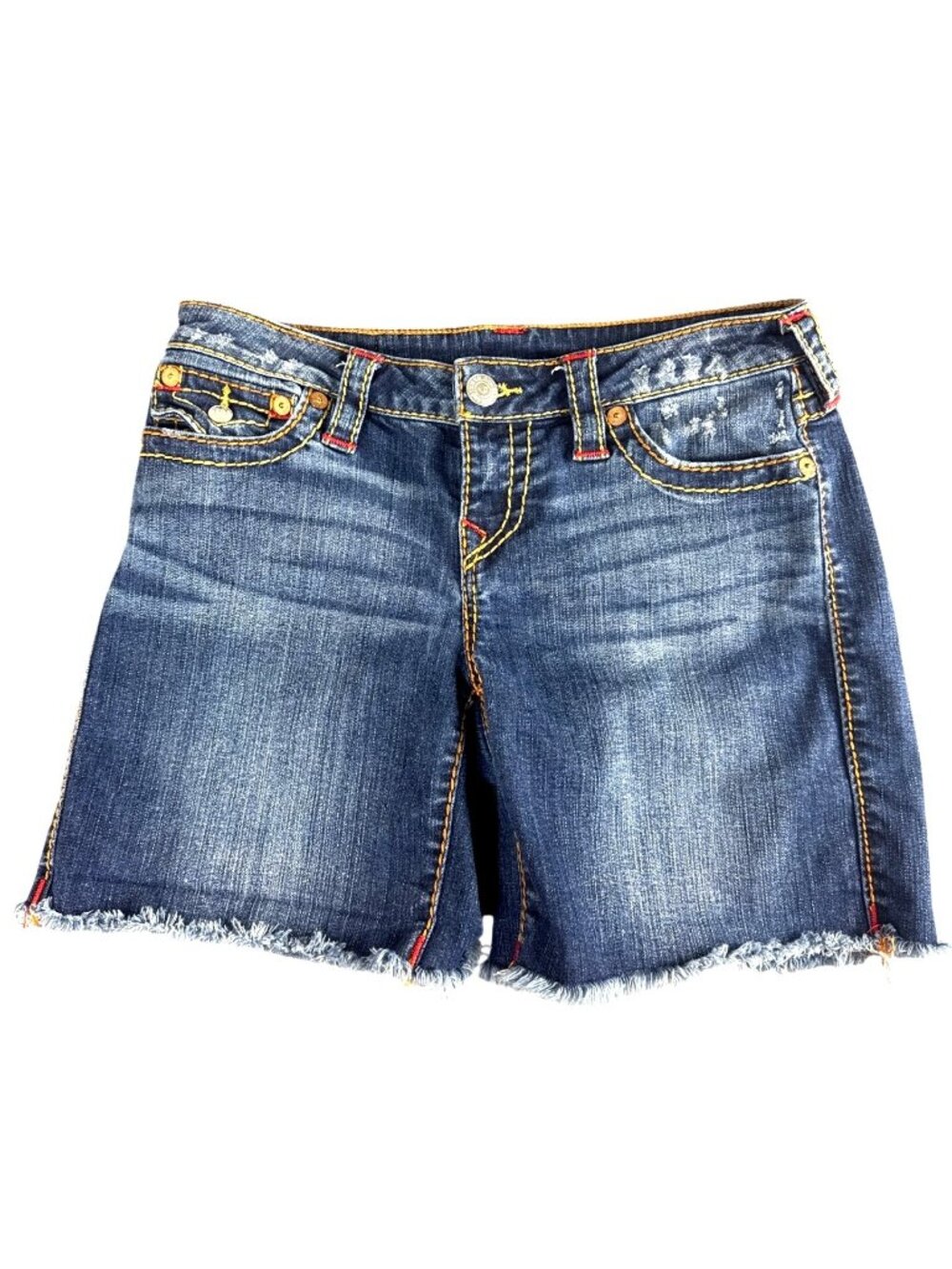 True Religion World Tour Mid Cut Off Denim Shorts Womens 28 Flap Pockets